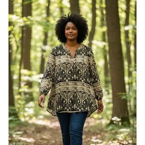 OTHYROCE Tunic Blouse Womens 2X Black Paisley V Neck Long Sleeve Boho Soft